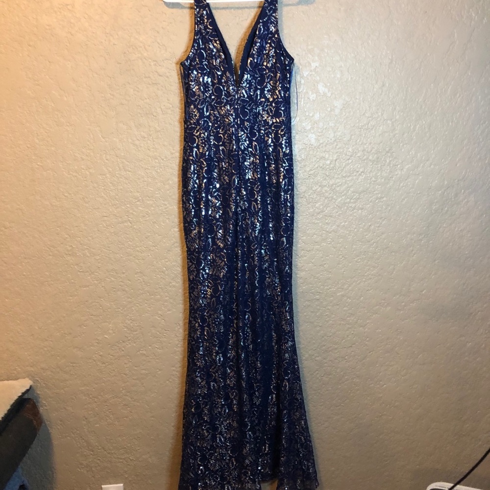 Silver lace evening gown